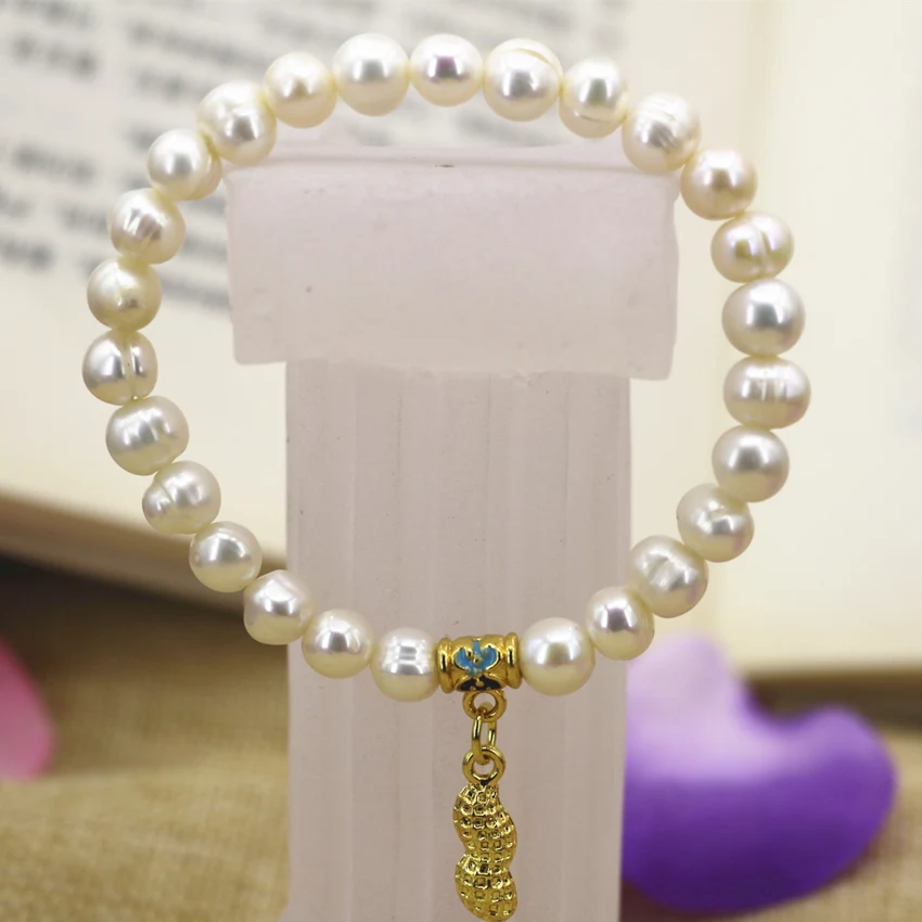 7-8 мм натуральный белый жемчуг круглые бусины браслеты Элегантный золотой цвет