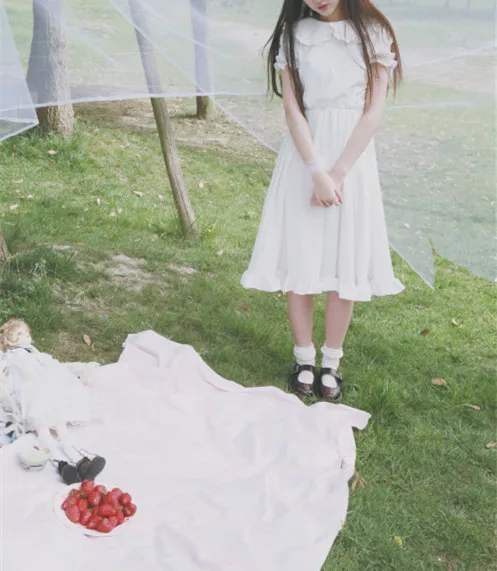 Hot Sale New Fashion Japanese Mori Girl Fresh Style Casual Falbala Sleeve Women Dress Pure White Loose Cotton Summer | Женская одежда