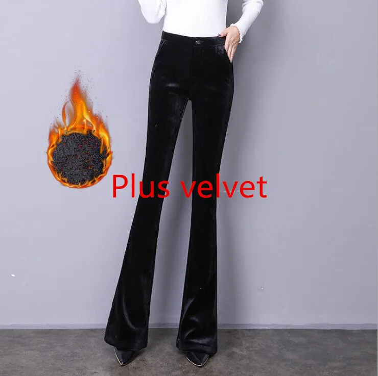 PLUS velvet Осенне-зимние расклешенные брюки, винтажные золотистые бархатные брюки, женские широкие брюки, узкие Стрейчевые брюки с высокой талией, Длинные повседневные черные брюки - Цвет: PLUS velvet