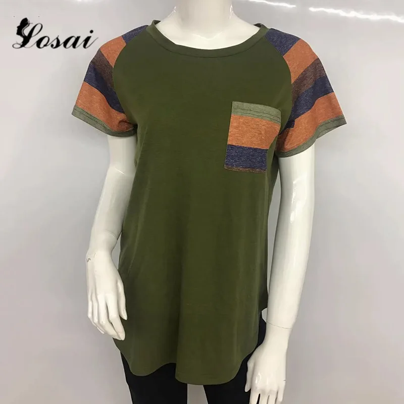 Женская футболка с карманом в полоску Повседневная летняя женская коротким