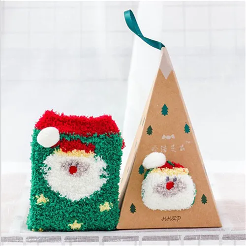 Green Santa Носки для взрослых женщин и девочек с объемным рисунком носки с животными флисовая тапочка кораллового цвета носки зимние теплые пушистые рождественские милые носки для сна с коробкой - Цвет: Green Santa