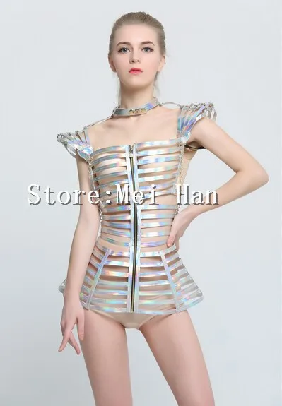 

2016 Fashion Nightclub Bandage Laser Silver Costume Female Singer Stage Sexy Slim Clothing Bar Ds Dance Outfit Performance Wear