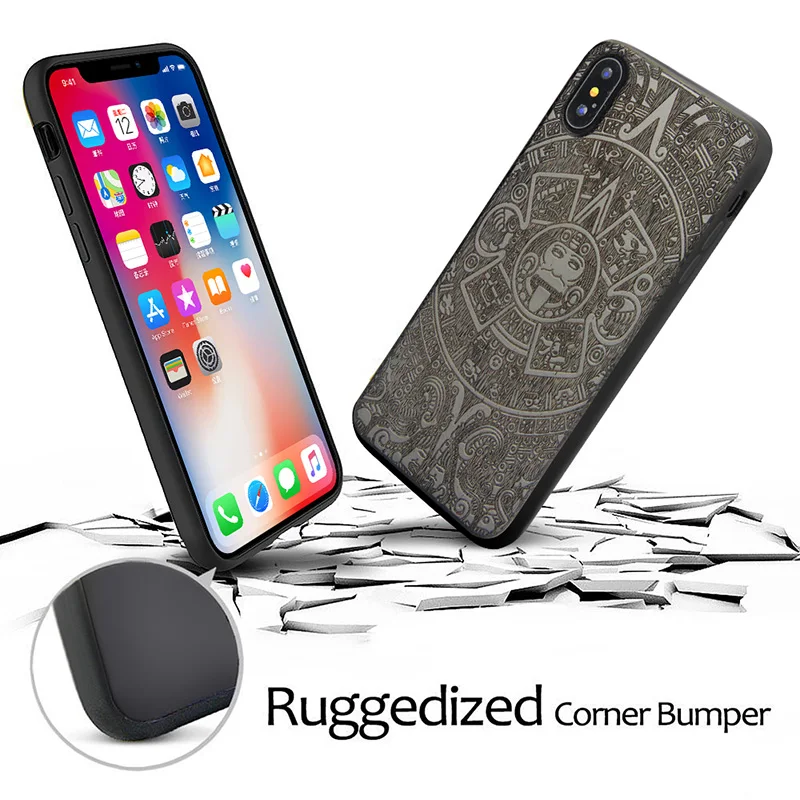 Роскошный чехол для iPhone X XS с резным деревянным лицевым покрытием и гибким