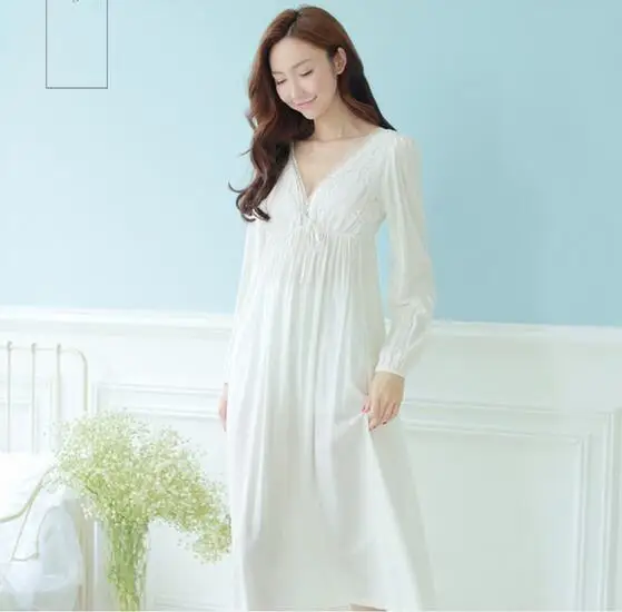 Женская ночная рубашка с длинным рукавом Повседневная белая хлопковая v-образным