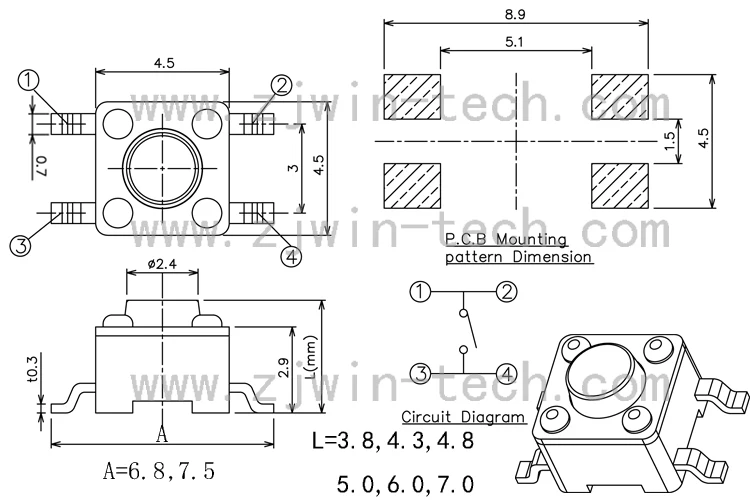 50 шт. 4,5X4,5 мм H = 3,5/3,8/4,0/4,3/4,5/5/5,5/6/7/8/9/10/11/12 мм SMT 4PIN 12V тактовый переключатель 260GF Мгновенный Кнопочный верхний медный