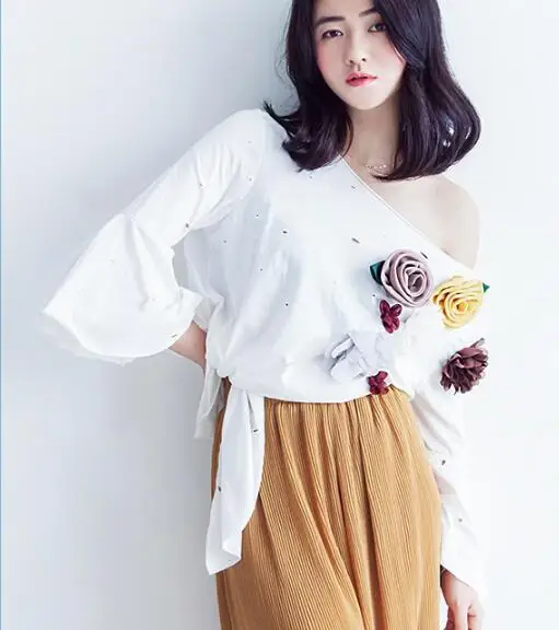 Футболка женская с объемными цветами косой воротник|tee top|top womenmori girl tops |