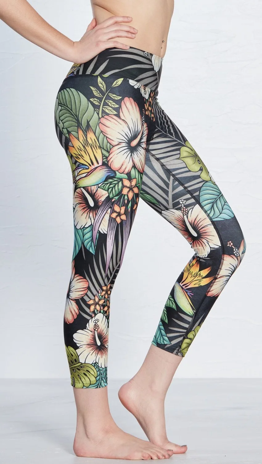 

2017 New Women Hibiscus Floral Print Fitness Quick Dry Workout Leggings Knee Length Aerobic Exercise Pants