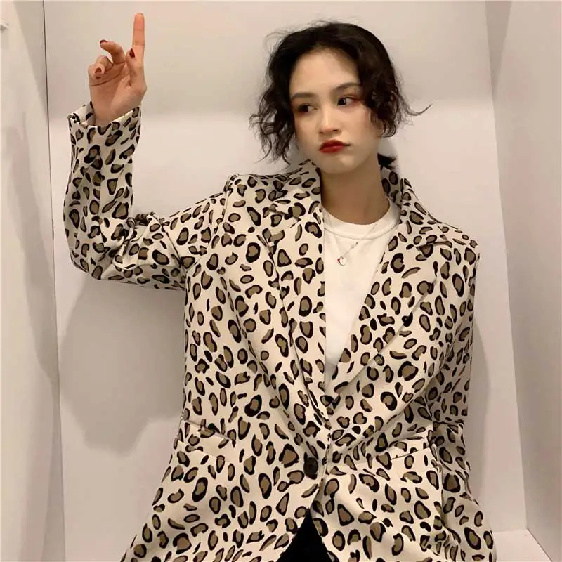 Женский свободный блейзер с леопардовым принтом топ длинными рукавами куртка на