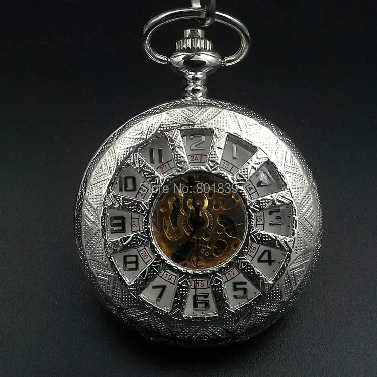 Elegant Silver Tone Skeleton Mechanical Wind Up Men's Pocket Watch Nice Gift H167|watch silver|watch storewatch flying |