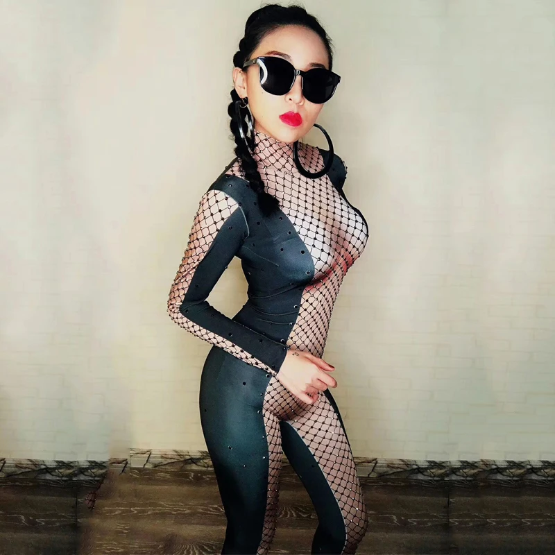 Черный сетчатый боди Zentai сексуальные джазовые танцевальные костюмы женский