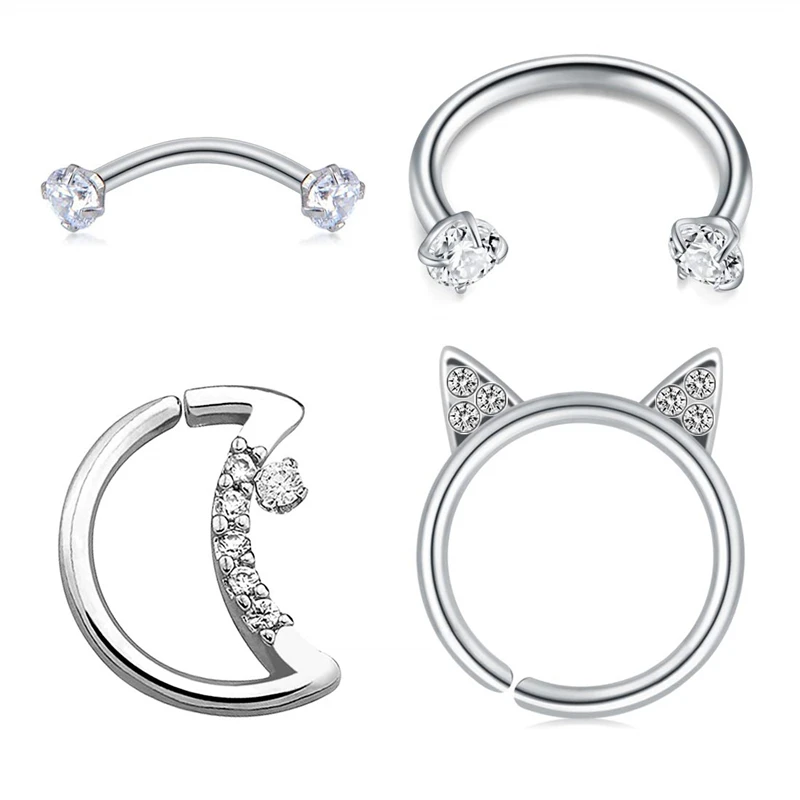 JFORYOU 4 шт. серьги Daith серьги с морской раковиной в форме Луны CZ Подкова из нержавеющей стали 16 г хряща Tragus Helix Daith Conch - Окраска металла: Золотой цвет