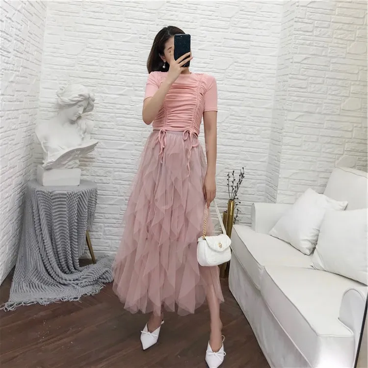 Летняя 2 майка с элементами топ + Асимметричные кружевные юбки комплект Женский