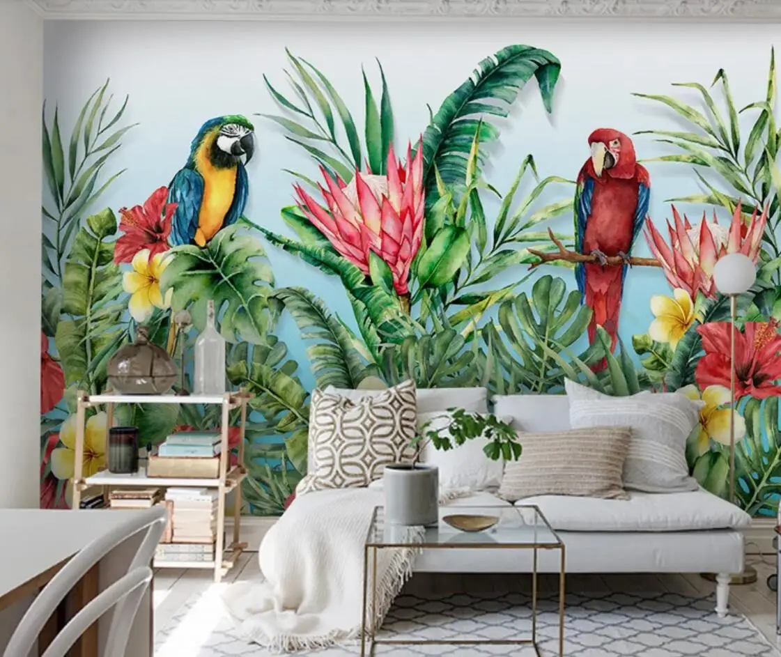 

Parrot Flower Tropical Wallpaper Wall Mural Indoor for Living Room Paper Rolls Contact Paper Rolls Rainforest Floral Paper Wall