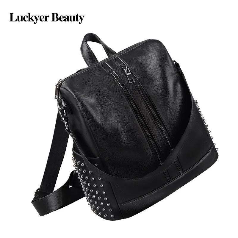 

LUCKYER BEAUTY Women Backpack Fashion Rivet Travel Bag Genuine Leather Backpack For Girls Rucksack Black Waterproof Backpacks gi