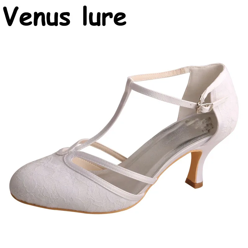 

Lace Ivory Shoes for Weddings Women Mid Heel Closed Toe Prom Court Shoes