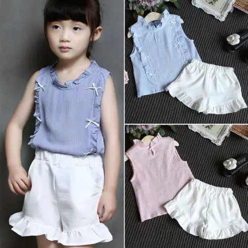 2 шт. детский топ без рукавов с оборками и шортами|Комплекты одежды для девочек| |