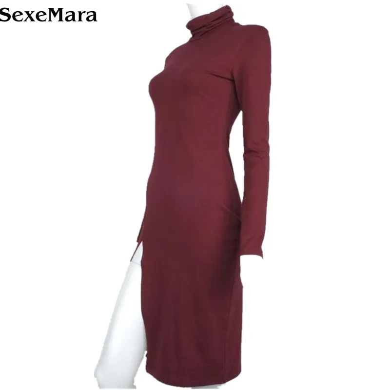 Fashion Ladies Long Sleeve Turtleneck Side Open Elastic Winter Dress Slim Fit Skinny Tight | Женская одежда