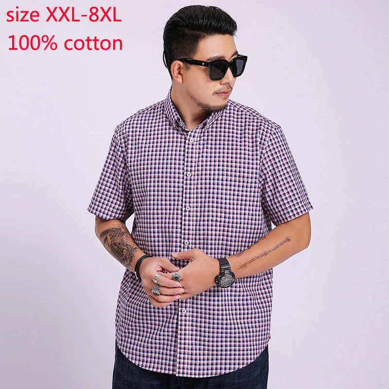 

New Arrival Fashion 100%Cotton Super Large Men Short Sleeve Loose Yarn Dyed Casual Shirts Plaid Plus Size 2XL 3XL4XL5XL6XL7XL8XL