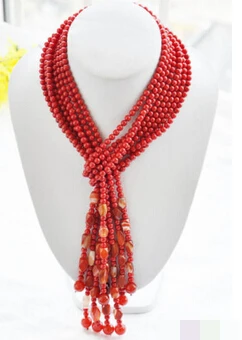 Huij 004785 настоящий 4 нити 50 &quotКрасный Коралловый Агат ожерелье из бисера|bead