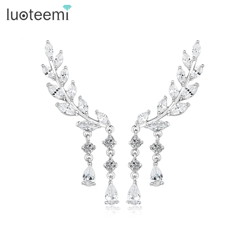 

LUOTEEMI Brand New Luxury Clear Crystal Zircon Leaf Shape Ear Cuff Earring for Women Fashion Wedding Jewelry for Bridals Gift