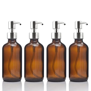 Бутылка Бостонская круглая с насосом из нержавеющей стали, 4 шт., 8 унций, Янтарное стекло, мыло для жидких масел, лосьоны 250 мл, для кухни, ванной комнаты