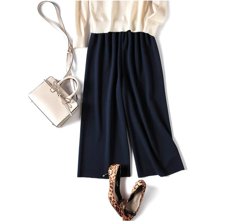 Elastic Waist Solid Culotte Loose Pants Ginger Mid Women Plain Wide Leg Trousers 2019 Spring Elegant Work Plus S-3XL | Женская одежда