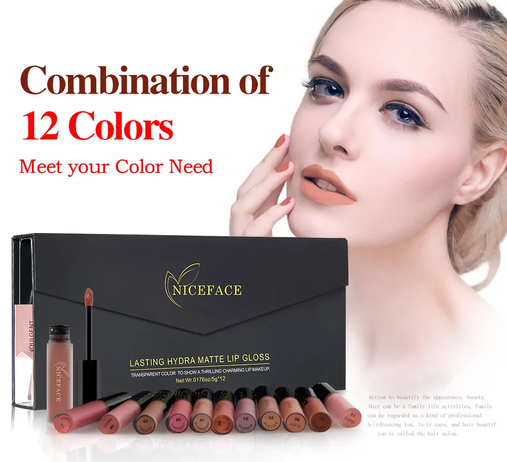 NICEFACE 12 шт./компл. матовая длинная-долговременная губная помада 12 цветов Блеск для губ Водонепроницаемая губная помада 5gx12 Губная помада