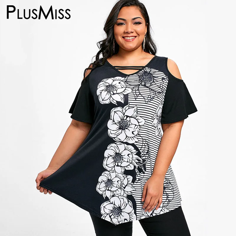 Plusmiss плюс Размеры 5XL летние цветочные топы с принтом в полоску Женская одежда