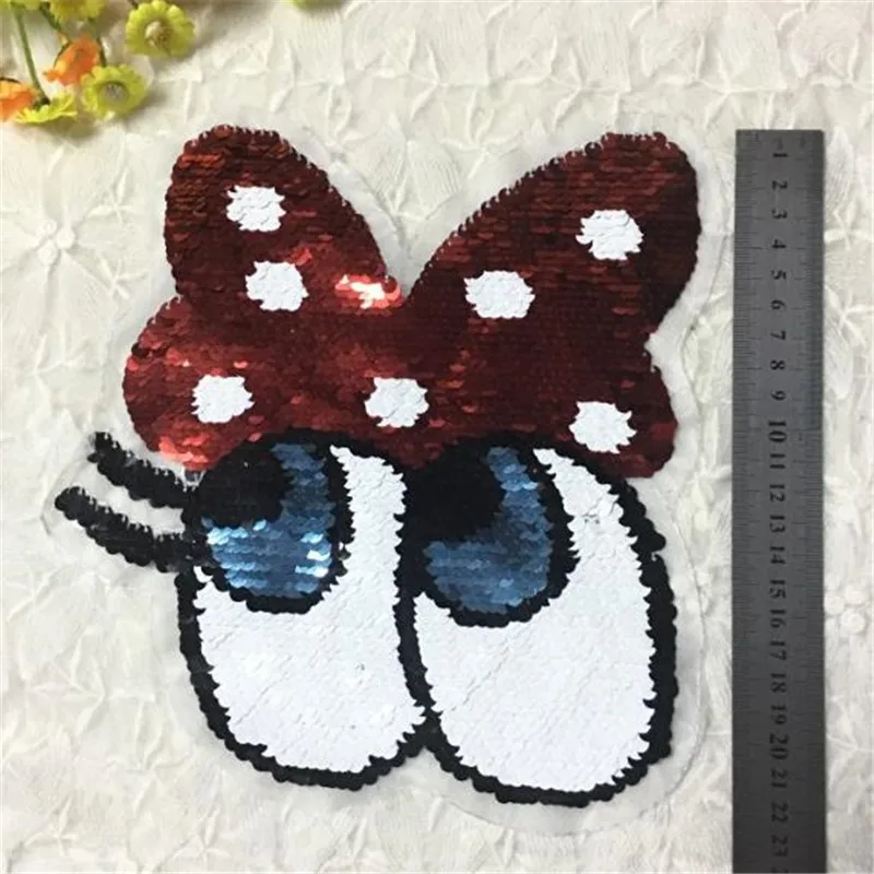 Free shipping patch up and down flip sided sequins 21cm cartoon dot bow eyes patches for clothing deal with it fabric clothes | Дом и сад