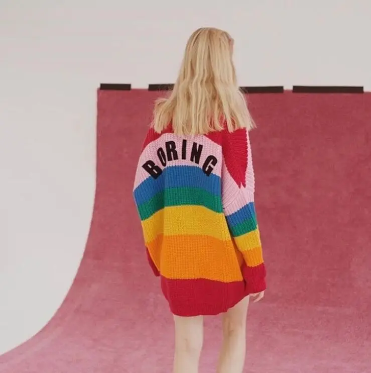 Runway Women's Sweater Kawaii Ulzzang Rainbow Striped Cardigan Embroidery Letters Knitted Female Harajuku Sweaters For Women |