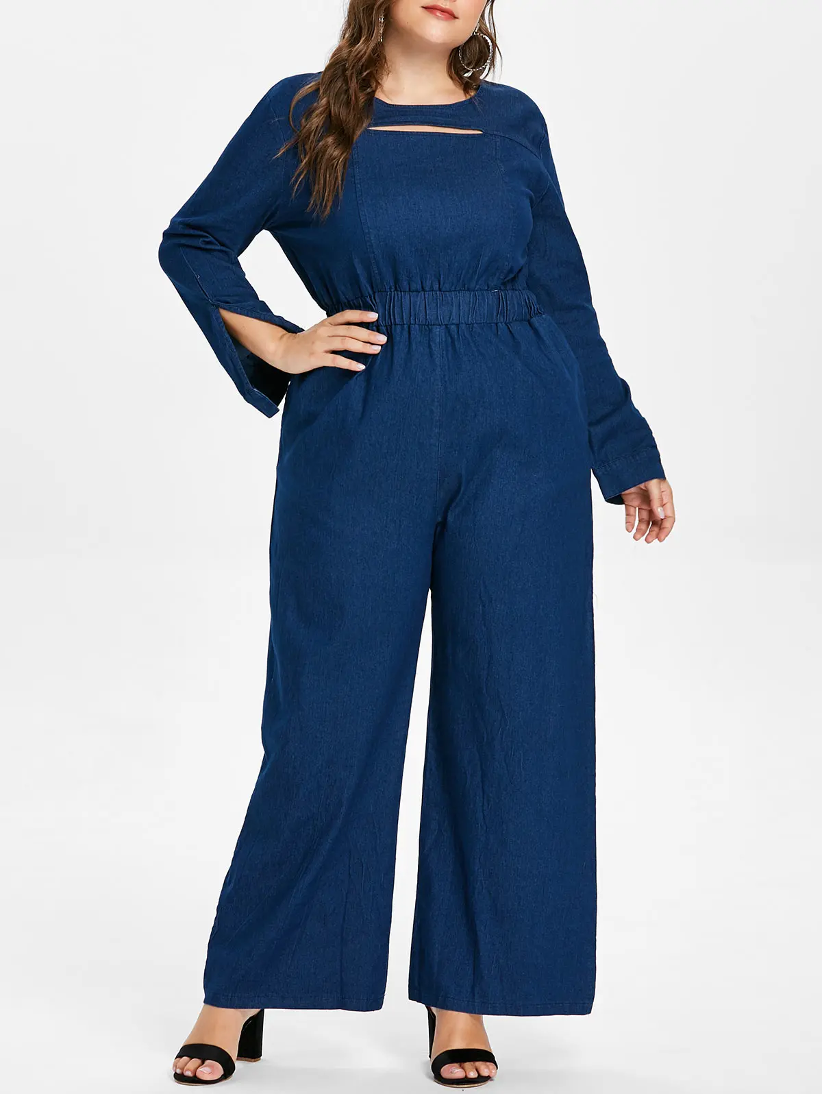 Denim Dark Blue Wisalo осень весна женский плюс размер длинный рукав деним широкие брюки комбинезон эластичный пояс с вырезом комбинезон прямого силуэта большой размер 5XL - Цвет: Denim Dark Blue