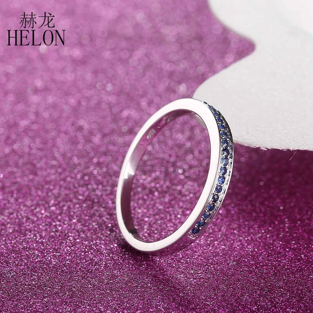 

HELON Solid 14K (AU585) White Gold 0.18ct Natural Sapphires Gemstone Ring Women Wedding Half Eternity Anniversary Jewelry Band