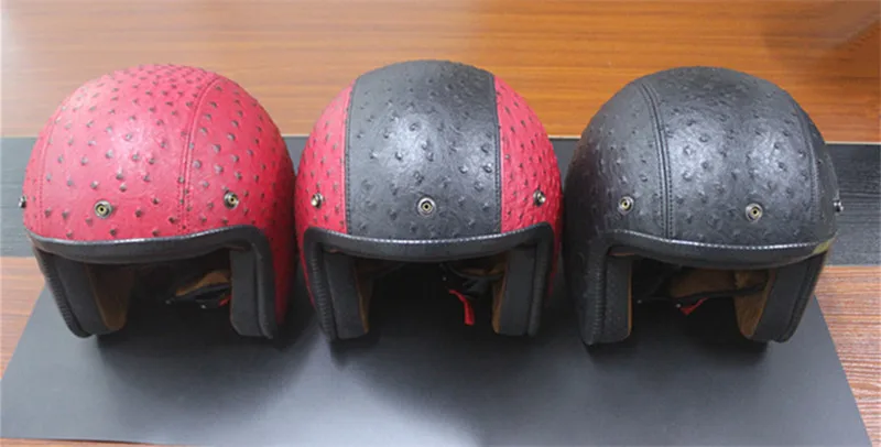 3/4 Leather Open Face Half Moto Motorcycle Helmet vintage Motorbike cafe racer helmet Vespa capacete Chopper Bike BLACK