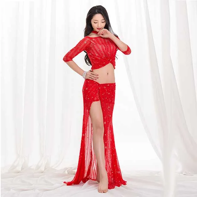 Red Новая модная женская одежда для танца живота, топ, юбка, сексуальные костюмы, блестки, тренировочная одежда, юбка, раздельная, восточная, профессиональная, 3 цвета - Цвет: Red