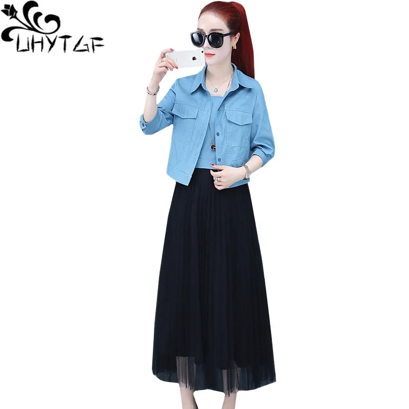 

UHYTGF Fashion sling sexy dress womens temperament Outside Denim tops two piece skirt set Female Mesh stitching sweet dress 446