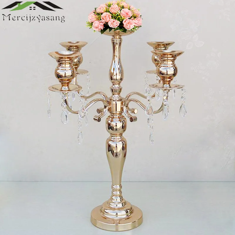 

Flover Vase Metal Gold Candle Holders 5-Arms With Crystals Stand Pillar Candlestick For Wedding Home Decor Candelabra 02304