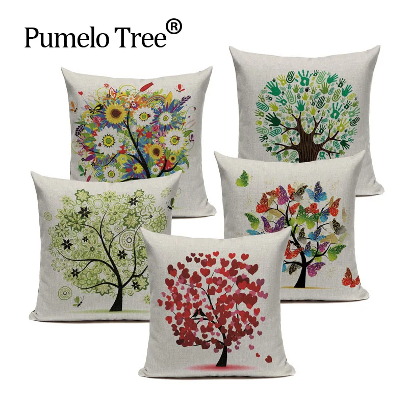 

Custom Cushion Elegant Printed Cushions Cover Flower Tree High Quality Decorative Pillows For Bed Home Woven Linen Sofa Cushion