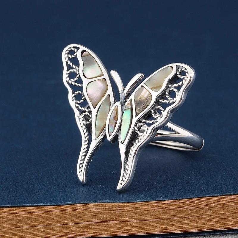 Thai silver S925 silver jewelry wholesale Thailand Seiko butterfly ring opening new women's natural shell