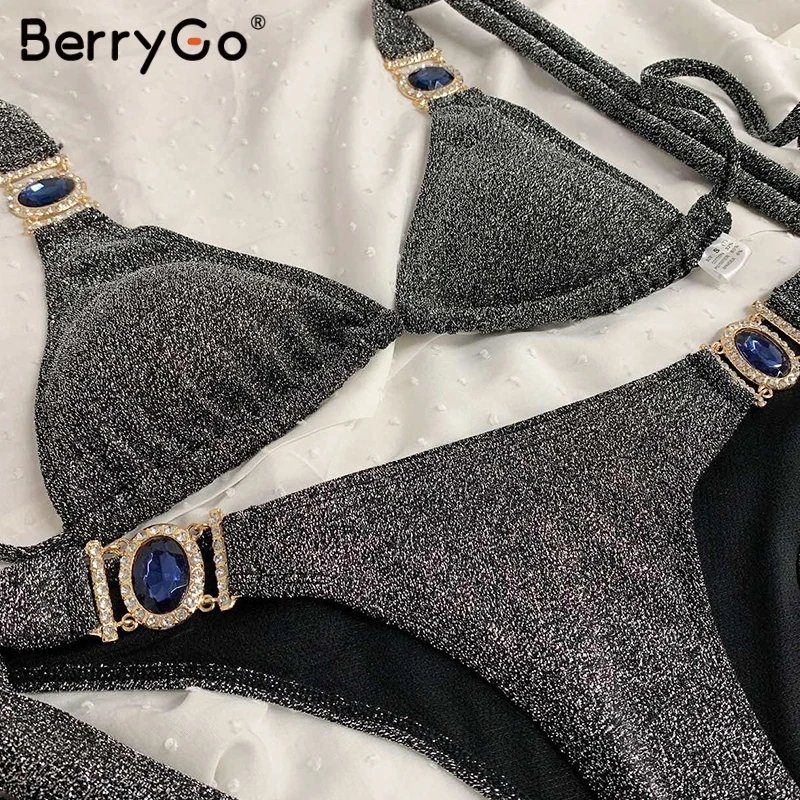 BerryGo, бикини, сексуальный, из двух частей, женский купальник, сексуальный, блестящий, треугольник, Холтер, купальник, Одноцветный, летний, пляжный, бикини, набор, купальники