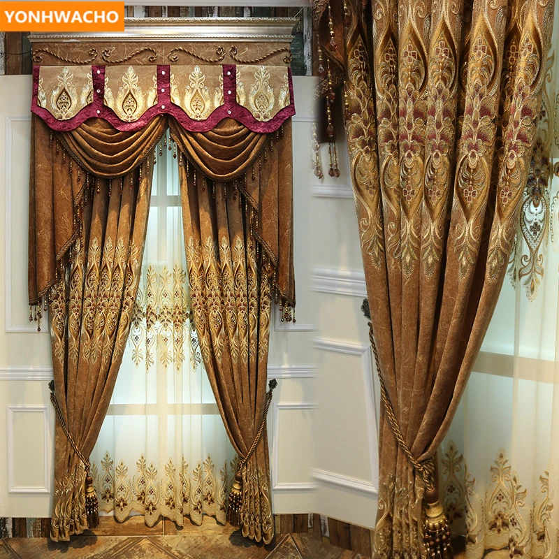 

Custom curtains high grade European living room embroidered chenille coffee cloth blackout curtain tulle valance drapes N810