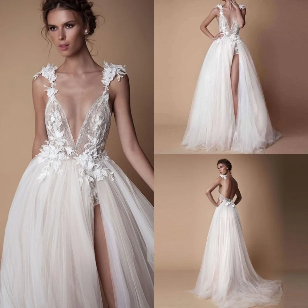 

Chic Boho Gowns Formal Dress Abendkleider Appliques Long Pageant Dresses Tulle Wedding Gown Slit Robe De Mariee Vestido De Noiva