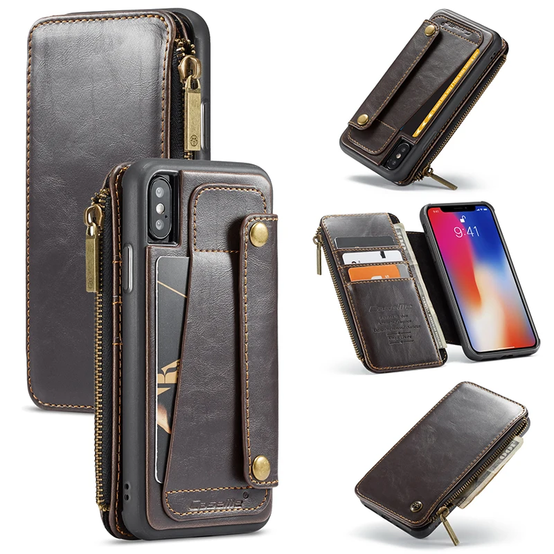 Винтажный кожаный чехол на молнии для iPhone X 10 XR XS Max 7 8 съемный бумажник телефона 6 6s