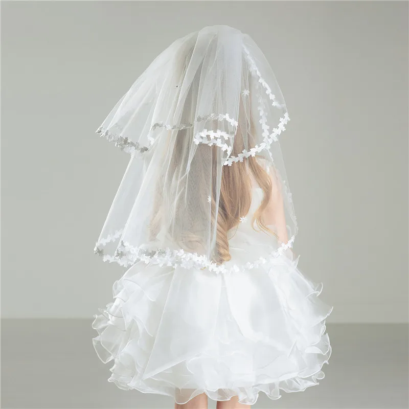 Прекрасный Белый Кружева Аппликация Дети Корона Veil Для Свадьбы Два слой Короткие Девушки Цветка Вуаль Тиара
