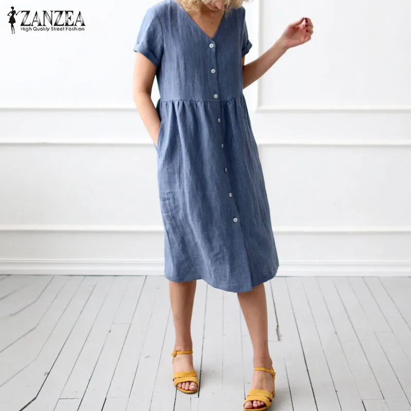 Летнее платье женское повседневное одноцветное Vestidos ZANZEA дамское хлопковое льняное платье на пуговицах вечерние платья до середины икры размера плюс