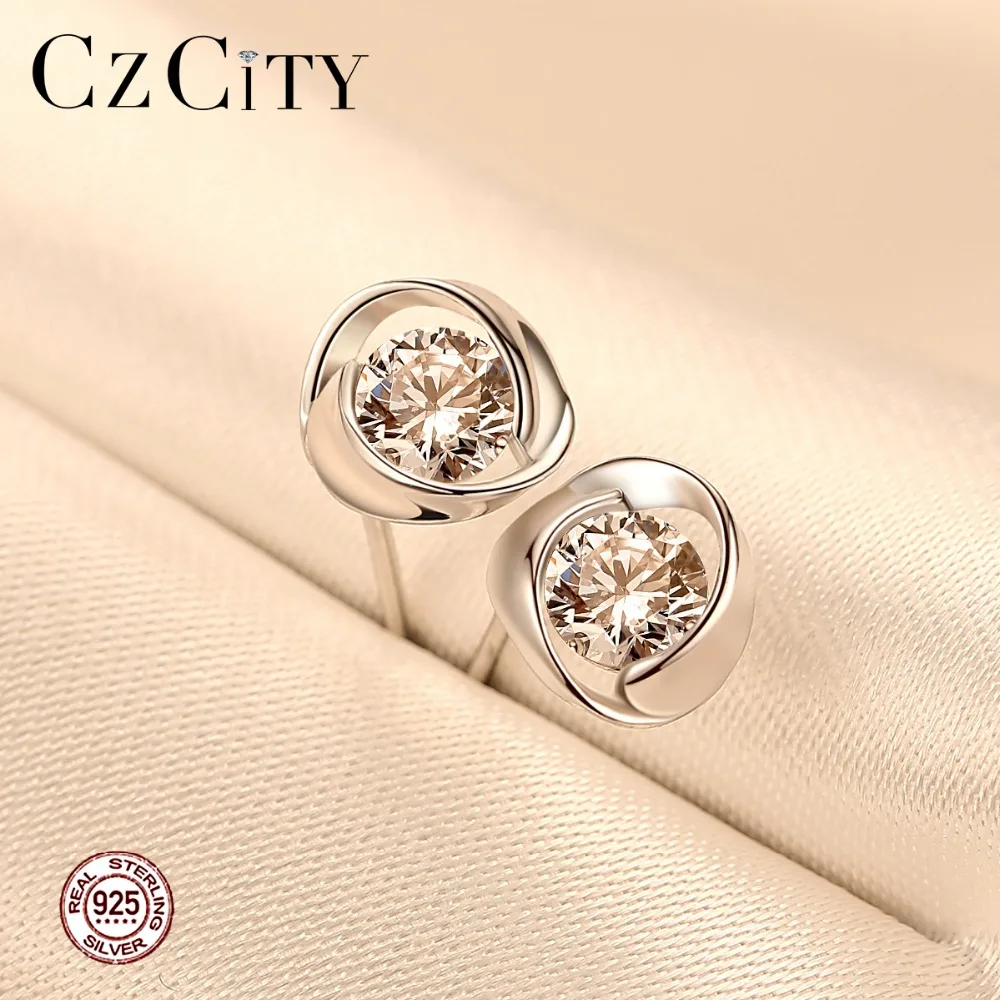 CZCITY, брендовые милые серьги-гвоздики для женщин, простая Роза, CZ камень, настоящая 925 пробы, серебряные ювелирные изделия, серьги
