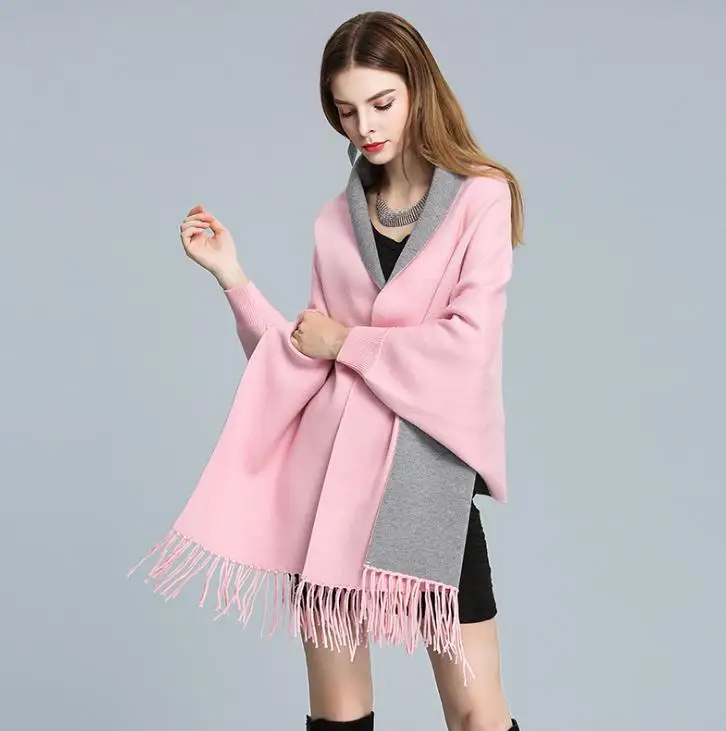 pink gray Зимние женские шарфы длинная шаль Толстая теплая кисточка кашемировое одеяло пончо Твердые роскошные женские шарф накидка с рукавами - Цвет: pink gray