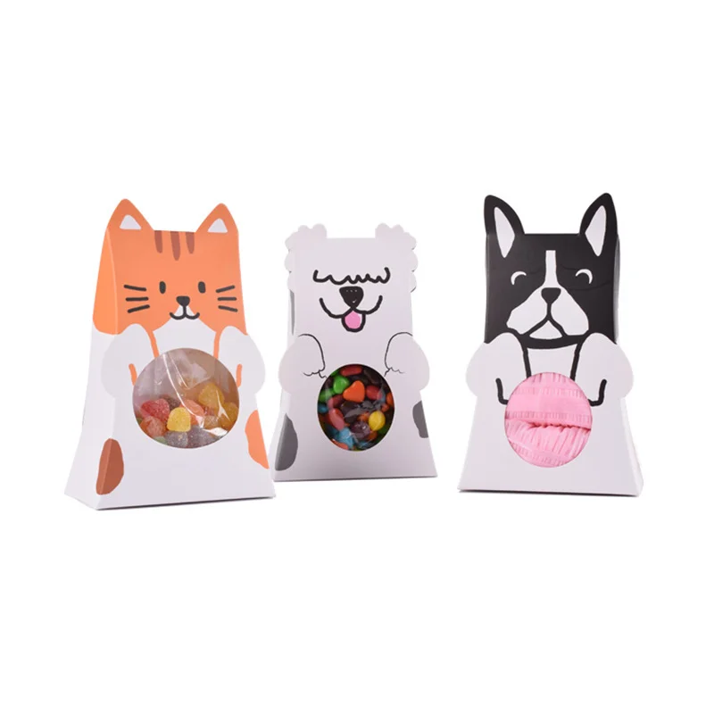 10pcs Cute Cat Dog Paper Candy Box Kids Birthday Party Decoration Baby Shower Paper Gift Chocolate Bag With Window Party Favor