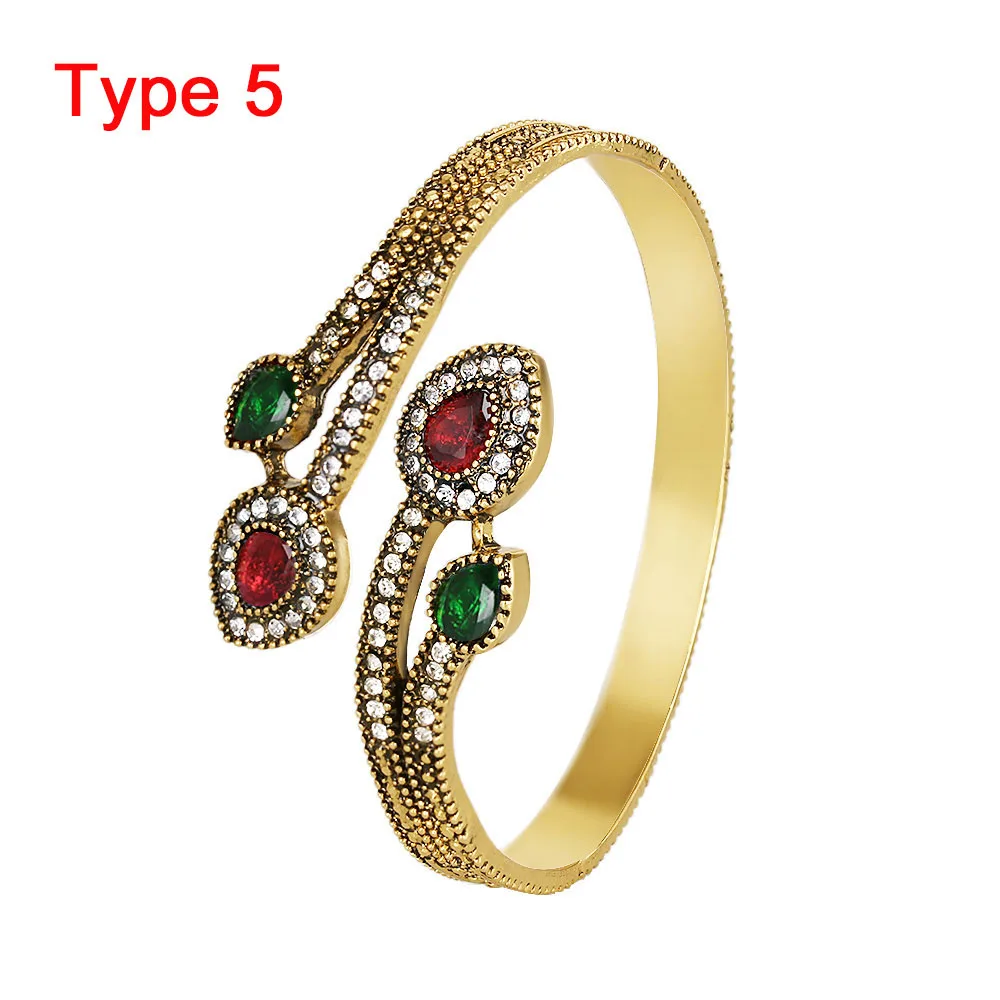 1 Pcs Vintage Bangles Fashion Turkish Resin flower Jewelry Cuff Antique Gold Color Resin Ethnic Bangle for Women Gifts Wholesale - Окраска металла: type5
