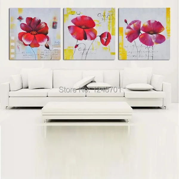 

3 panels hand painted red poppy flower oil painting on canvas