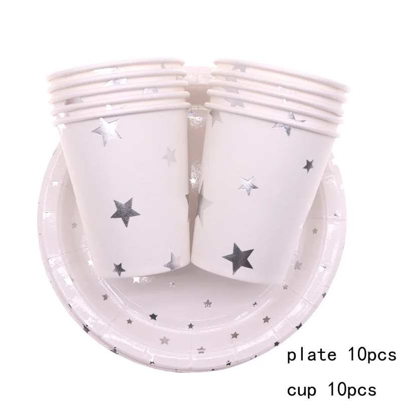 silver 20pcs set 20 шт. принадлежности для дня рождения Фольга Золотая, серебряная звезда вечерние декоративные столовые принадлежности Набор бумажных соломенных тарелок чашки свадебные украшения - Цвет: silver 20pcs set